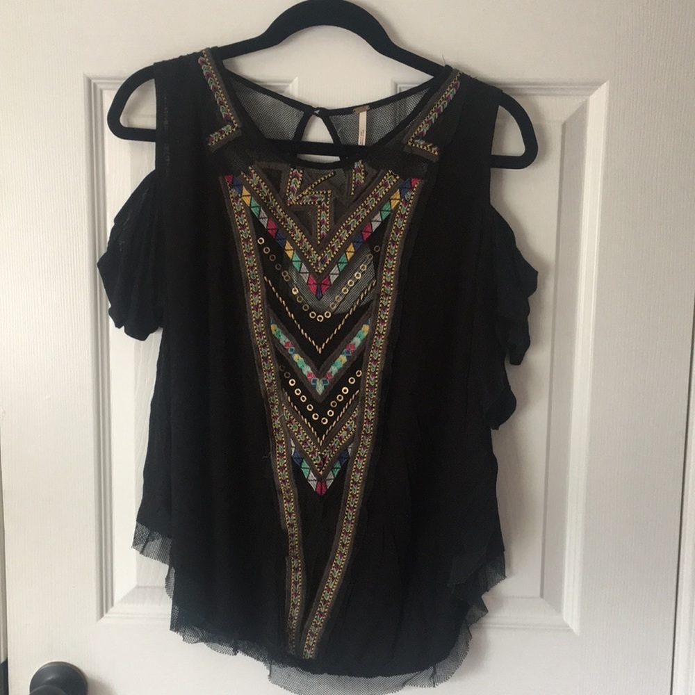 Free People Embroidered Cold Shoulder Top